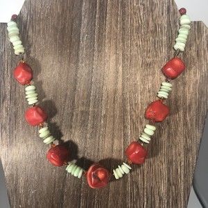 Vintage Big Carved Chunky Coral And Green Jade Bead Necklace, 19” 72.9g